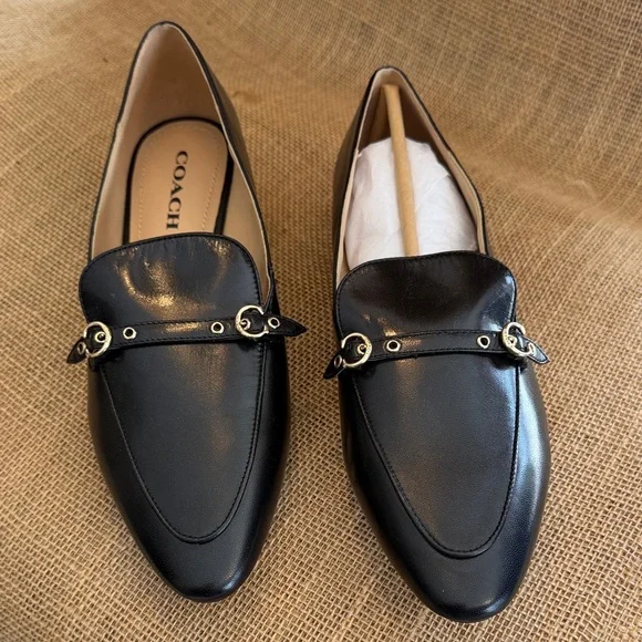 Coach Black Leather Flats with Gold Accents, Never worn, size 10 - Picture 1 of 5